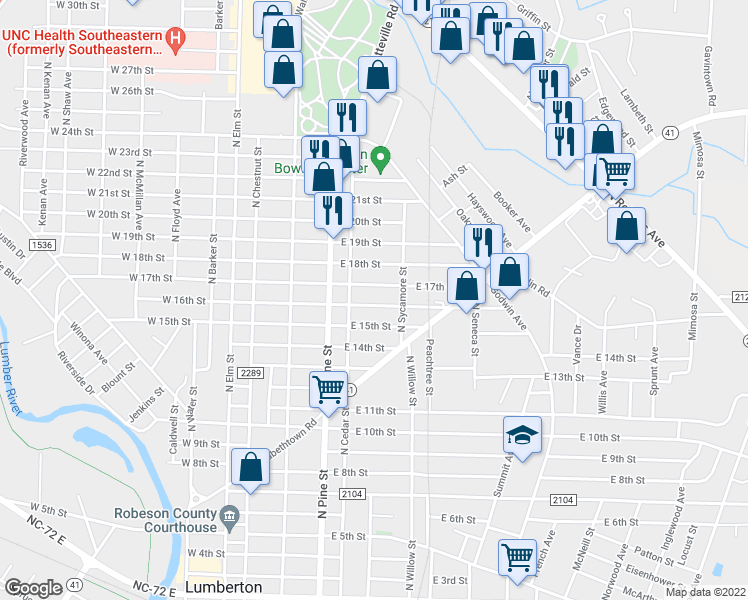 map of restaurants, bars, coffee shops, grocery stores, and more near 519 East 16th Street in Lumberton