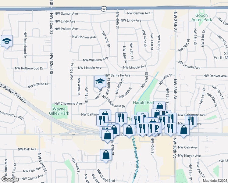 map of restaurants, bars, coffee shops, grocery stores, and more near 1624 Northwest 45th Street in Lawton