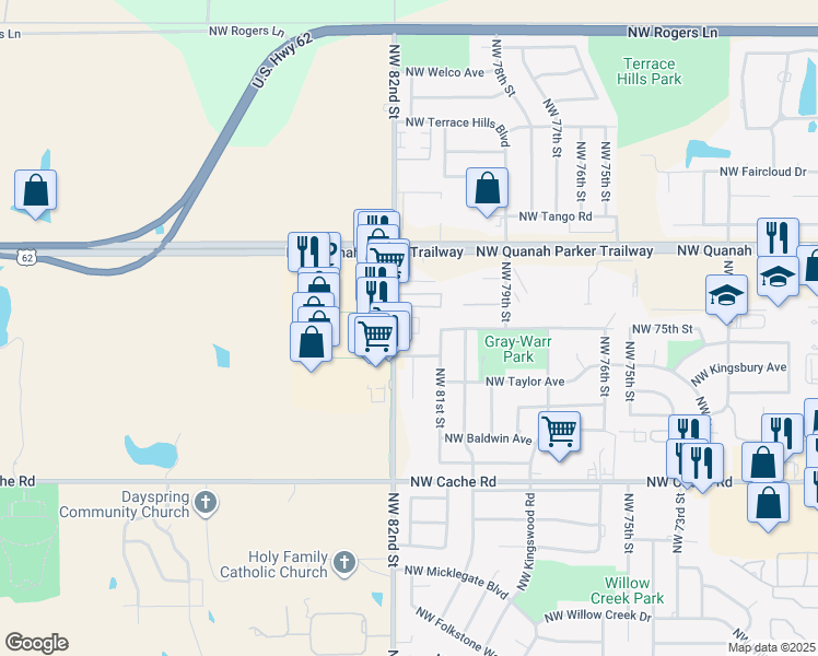 map of restaurants, bars, coffee shops, grocery stores, and more near 1819 Northwest 82nd Street in Lawton