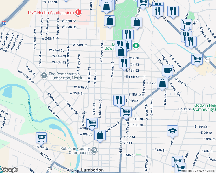 map of restaurants, bars, coffee shops, grocery stores, and more near 211 East 16th Street in Lumberton