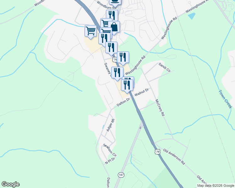 map of restaurants, bars, coffee shops, grocery stores, and more near 131 Weaver Way in Pendleton