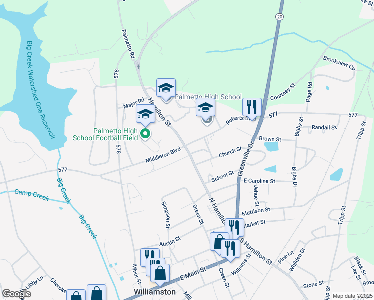 map of restaurants, bars, coffee shops, grocery stores, and more near 804 North Hamilton Street in Williamston