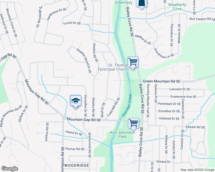 map of restaurants, bars, coffee shops, grocery stores, and more near Bluff Drive Southeast in Huntsville