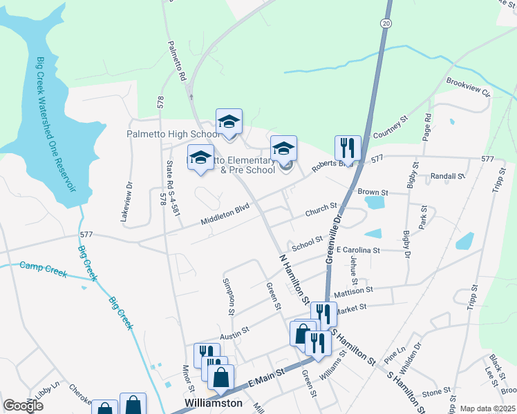 map of restaurants, bars, coffee shops, grocery stores, and more near 803 North Hamilton Street in Williamston