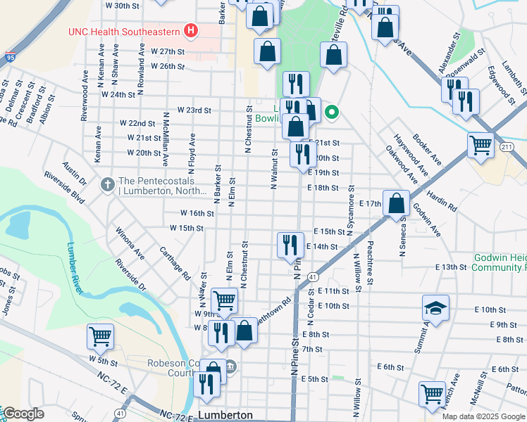 map of restaurants, bars, coffee shops, grocery stores, and more near 211 East 16th Street in Lumberton