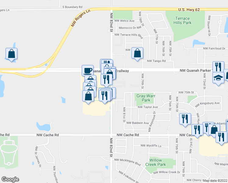 map of restaurants, bars, coffee shops, grocery stores, and more near 1817 Northwest 82nd Street in Lawton