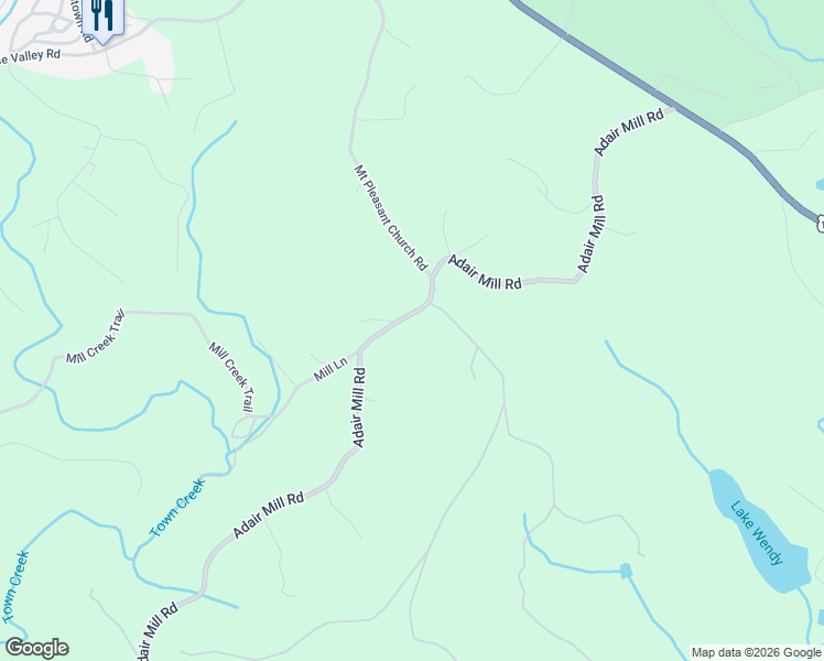 map of restaurants, bars, coffee shops, grocery stores, and more near Adair Mill Rd in Cleveland