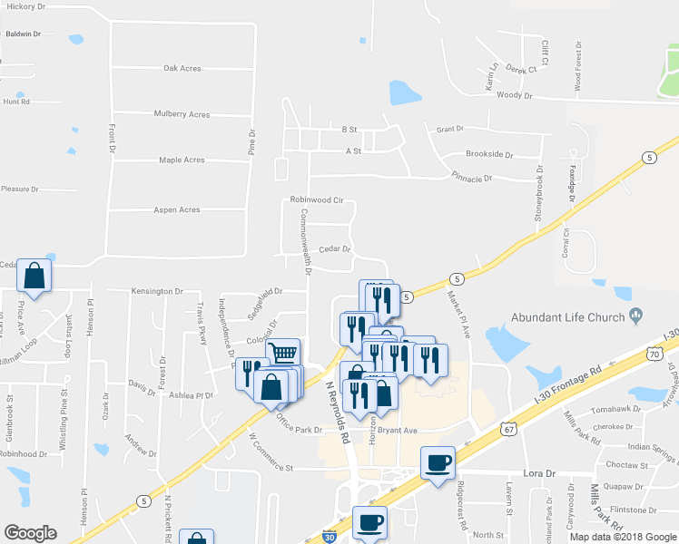 map of restaurants, bars, coffee shops, grocery stores, and more near 3619 Robinwood Circle in Bryant