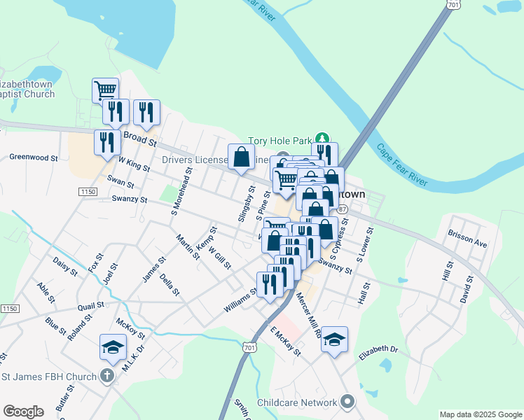 map of restaurants, bars, coffee shops, grocery stores, and more near South Pine Street in Elizabethtown