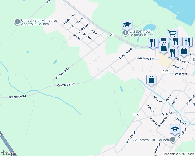map of restaurants, bars, coffee shops, grocery stores, and more near 405 Cromartie Road in Elizabethtown