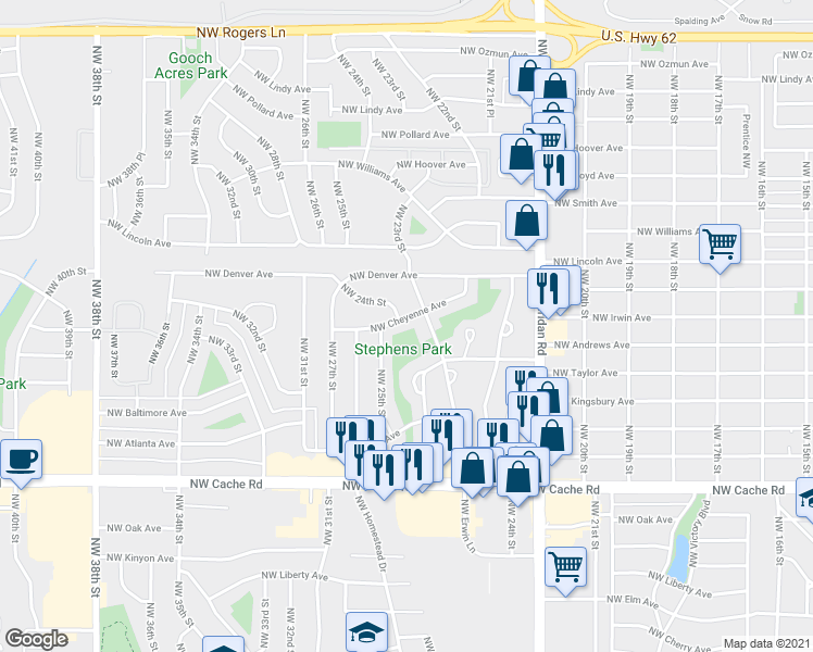 map of restaurants, bars, coffee shops, grocery stores, and more near 2301 Northwest Cheyenne Avenue in Lawton