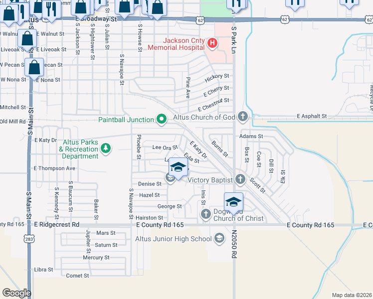 map of restaurants, bars, coffee shops, grocery stores, and more near 1004 Lee Ora Street in Altus