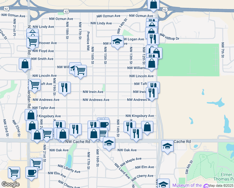 map of restaurants, bars, coffee shops, grocery stores, and more near 1402 Northwest Irwin Avenue in Lawton