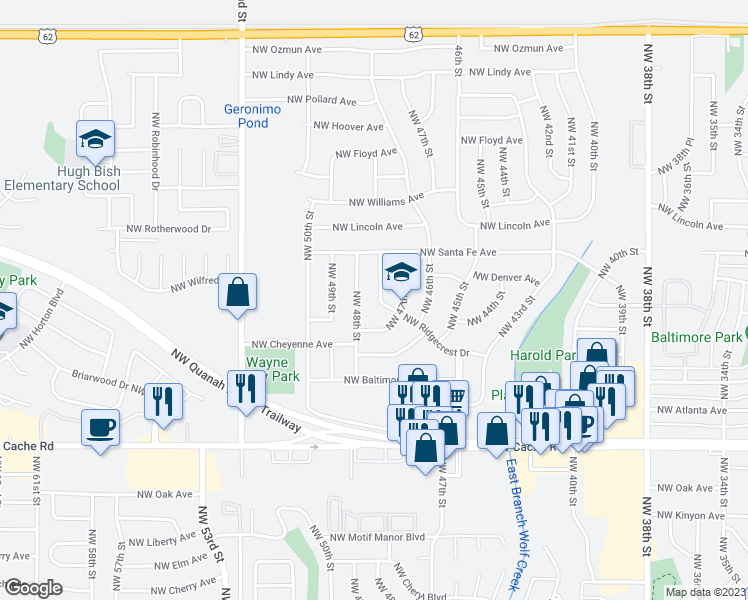 map of restaurants, bars, coffee shops, grocery stores, and more near 4712 Northwest Ridgecrest Drive in Lawton