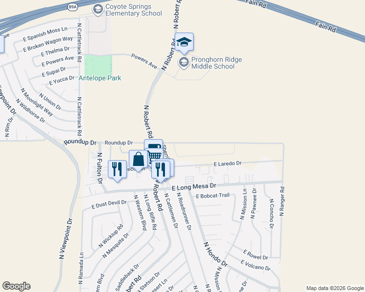 map of restaurants, bars, coffee shops, grocery stores, and more near 8501 Roundup Drive in Prescott Valley