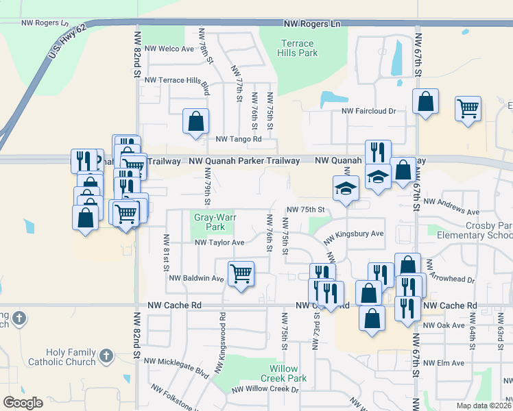 map of restaurants, bars, coffee shops, grocery stores, and more near 7617 Northwest Andrews Avenue in Lawton