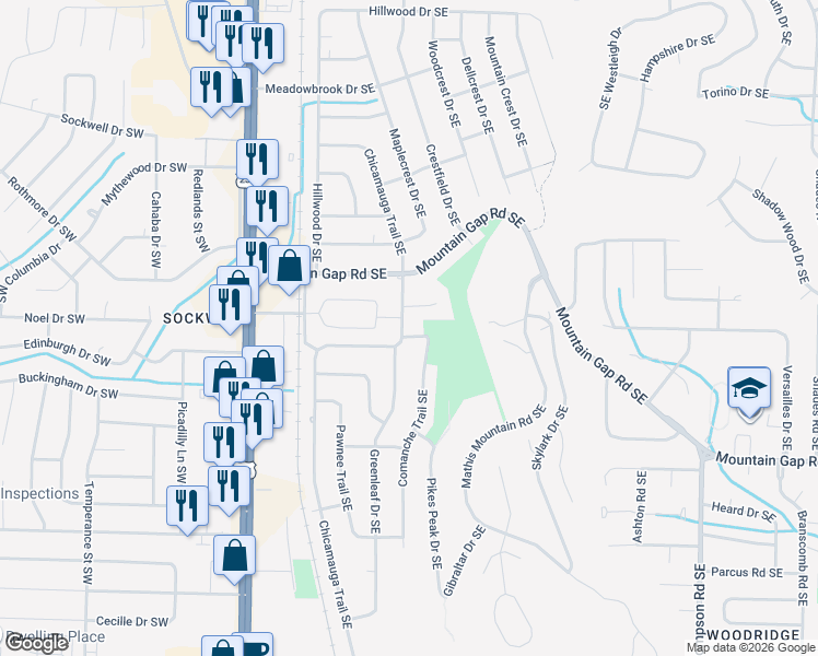 map of restaurants, bars, coffee shops, grocery stores, and more near 501 Chicamauga Trail Southeast in Huntsville