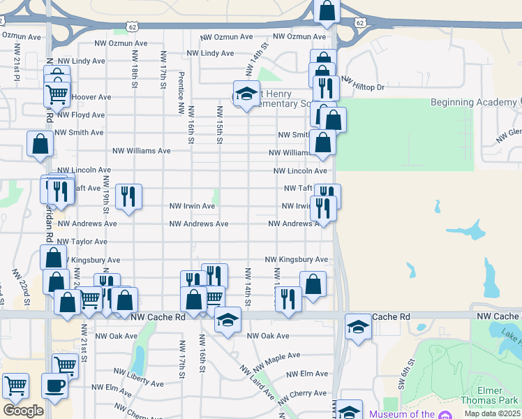 map of restaurants, bars, coffee shops, grocery stores, and more near 1307 Northwest Irwin Avenue in Lawton