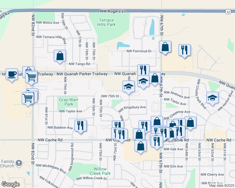 map of restaurants, bars, coffee shops, grocery stores, and more near 7313 Northwest Andrews Avenue in Lawton