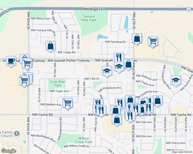 map of restaurants, bars, coffee shops, grocery stores, and more near 7313 Northwest Andrews Avenue in Lawton