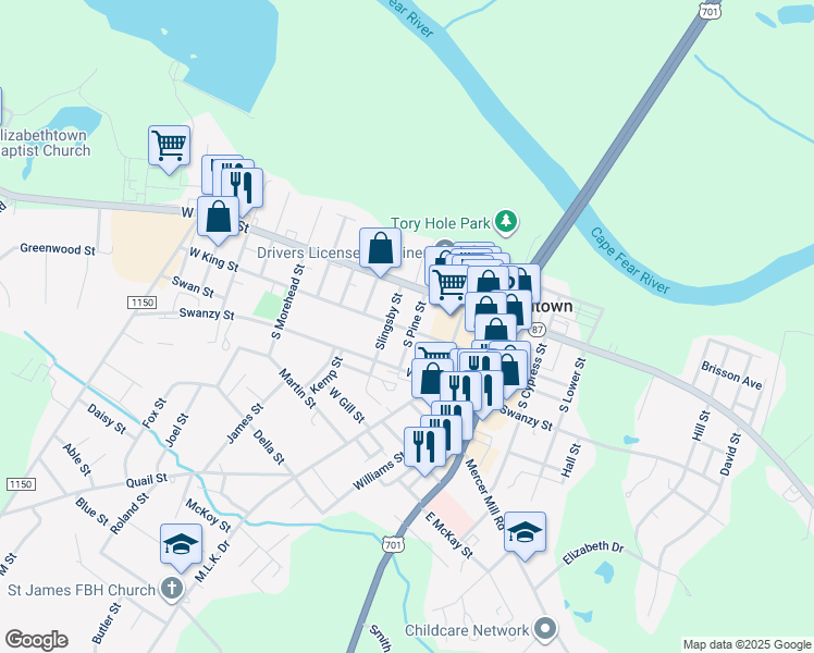 map of restaurants, bars, coffee shops, grocery stores, and more near 172 South Pine Street in Elizabethtown