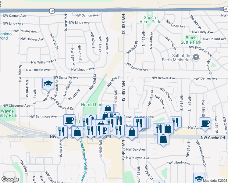 map of restaurants, bars, coffee shops, grocery stores, and more near 1903 Northwest 39th Street in Lawton