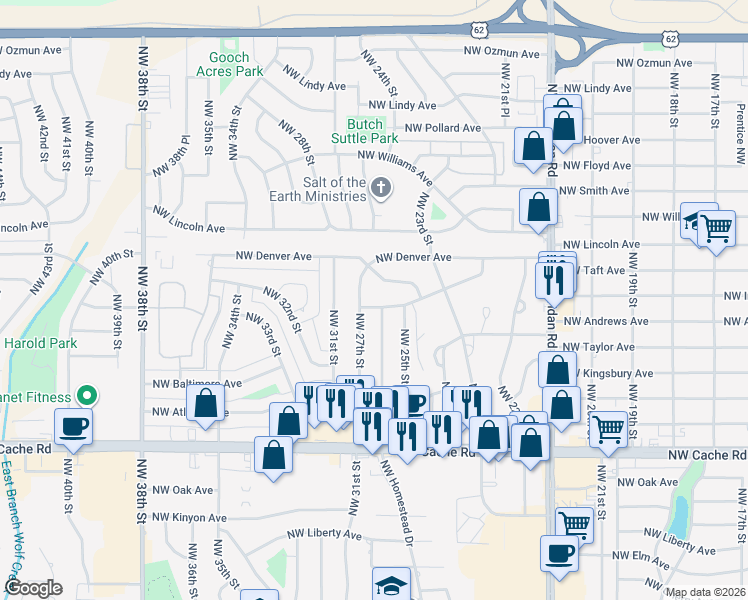 map of restaurants, bars, coffee shops, grocery stores, and more near 2011 Northwest 27th Street in Lawton