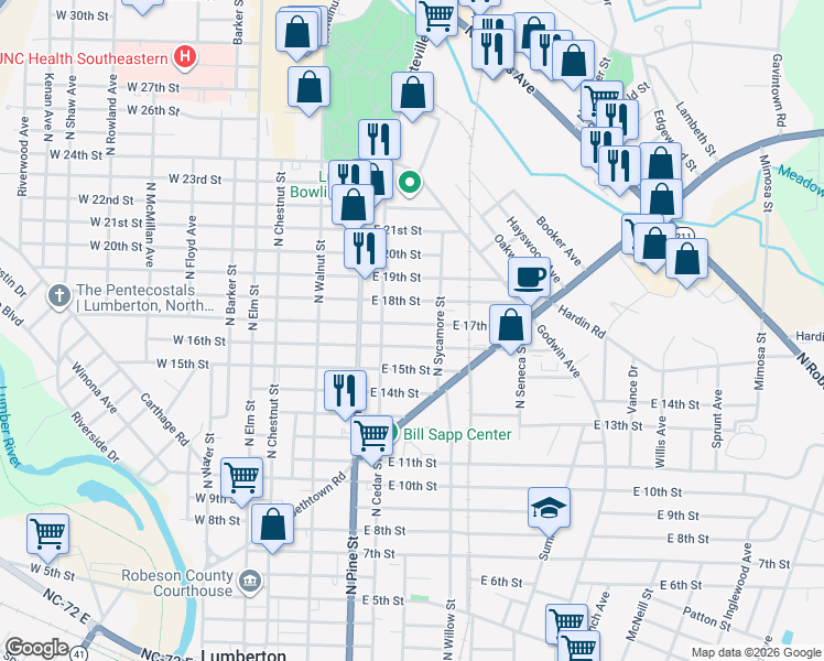 map of restaurants, bars, coffee shops, grocery stores, and more near 513 East 17th Street in Lumberton