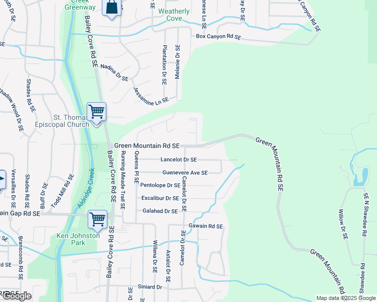 map of restaurants, bars, coffee shops, grocery stores, and more near 2602 Green Mountain Road Southeast in Huntsville