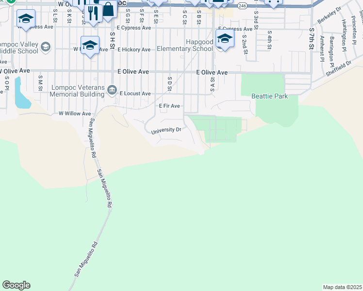 map of restaurants, bars, coffee shops, grocery stores, and more near 34 Cambridge Drive in Lompoc