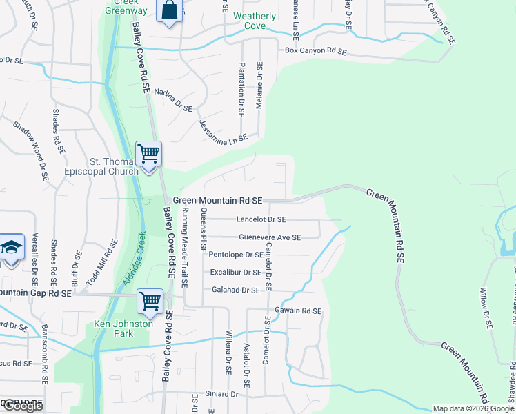 map of restaurants, bars, coffee shops, grocery stores, and more near 2518 Green Mountain Road Southeast in Huntsville
