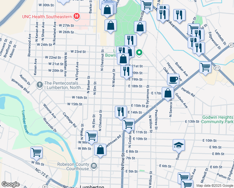 map of restaurants, bars, coffee shops, grocery stores, and more near 306 East 17th Street in Lumberton
