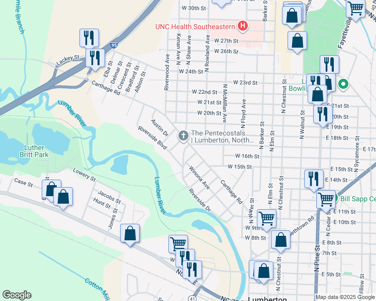 map of restaurants, bars, coffee shops, grocery stores, and more near 1007 Riverside Drive in Lumberton