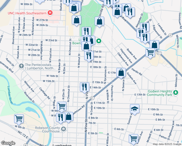 map of restaurants, bars, coffee shops, grocery stores, and more near 401-499 East 17th Street in Lumberton
