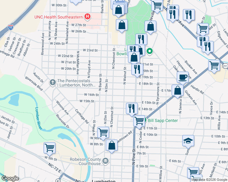 map of restaurants, bars, coffee shops, grocery stores, and more near 208 East 17th Street in Lumberton