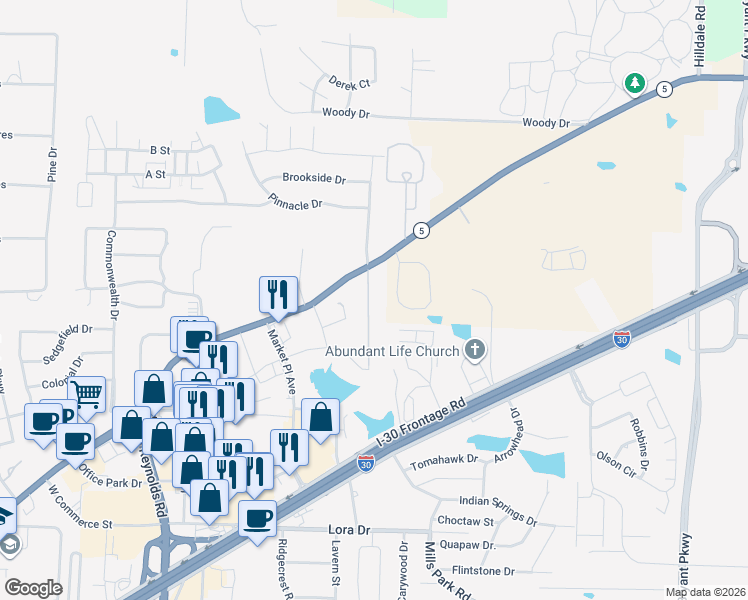 map of restaurants, bars, coffee shops, grocery stores, and more near 3815 Logan Ridge Drive in Bryant