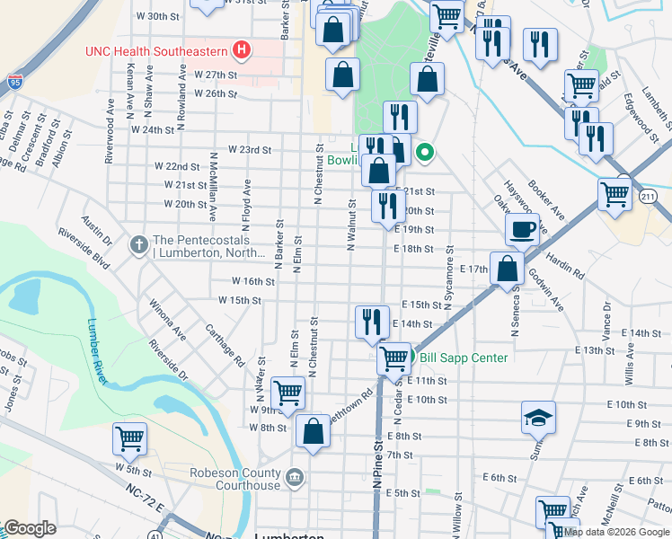 map of restaurants, bars, coffee shops, grocery stores, and more near 208 East 17th Street in Lumberton