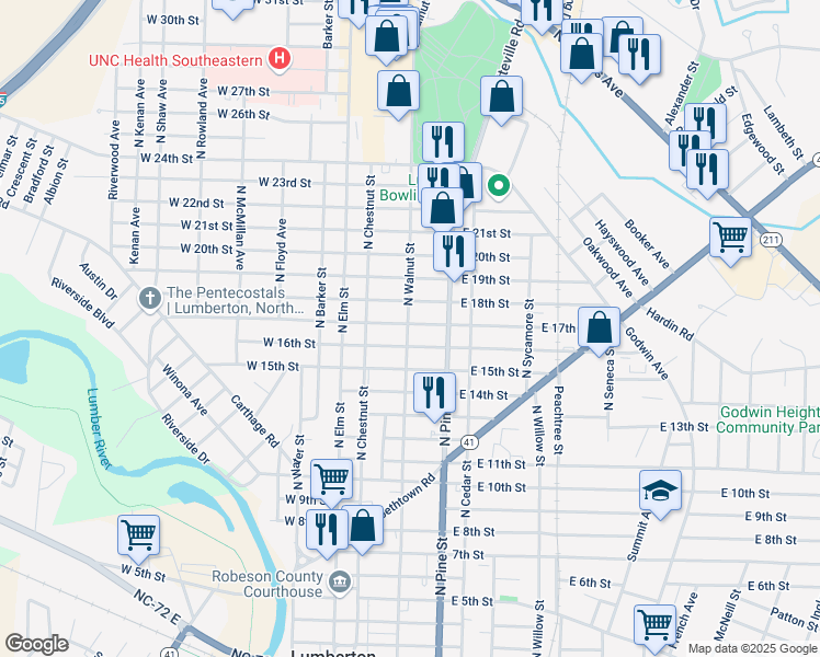 map of restaurants, bars, coffee shops, grocery stores, and more near 306 East 17th Street in Lumberton