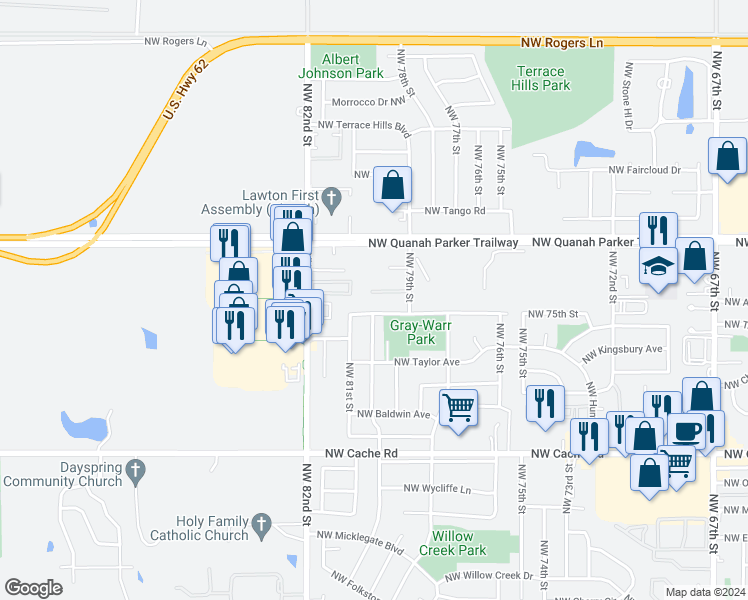 map of restaurants, bars, coffee shops, grocery stores, and more near 7942 Northwest Crossland Circle in Lawton