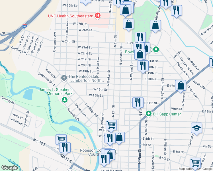 map of restaurants, bars, coffee shops, grocery stores, and more near 201 West 17th Street in Lumberton