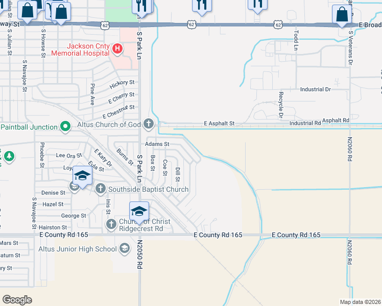 map of restaurants, bars, coffee shops, grocery stores, and more near 1513 Adams Street in Altus