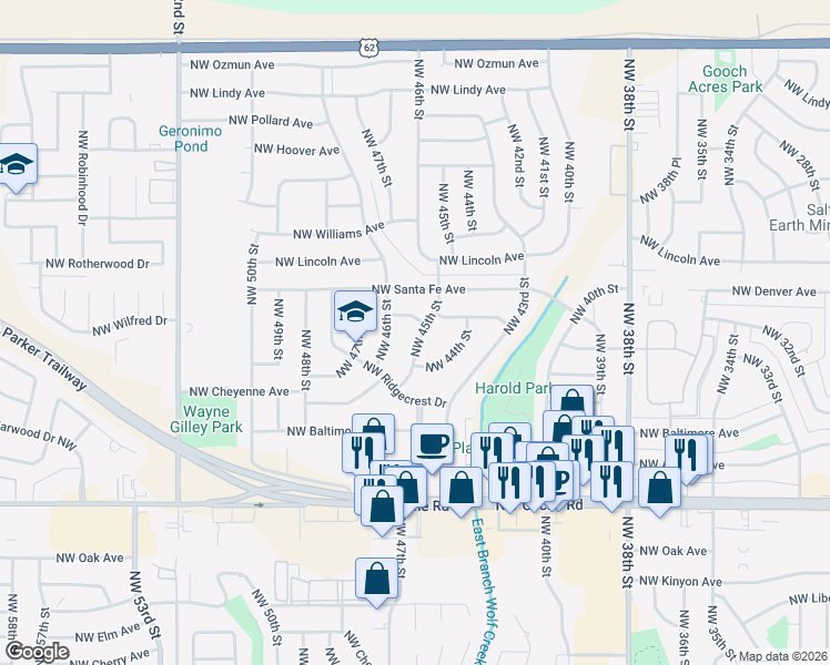 map of restaurants, bars, coffee shops, grocery stores, and more near 1624 Northwest 45th Street in Lawton