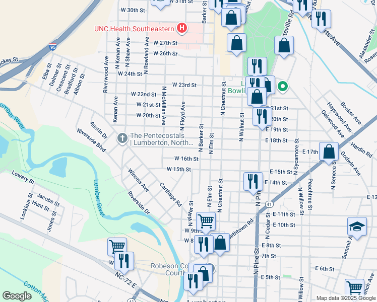 map of restaurants, bars, coffee shops, grocery stores, and more near 201-207 West 17th Street in Lumberton