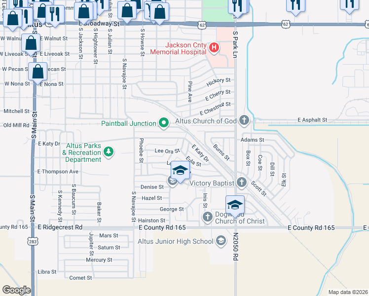 map of restaurants, bars, coffee shops, grocery stores, and more near 1004 Lee Ora Street in Altus