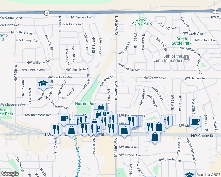map of restaurants, bars, coffee shops, grocery stores, and more near 1903 NW 39th St in Lawton