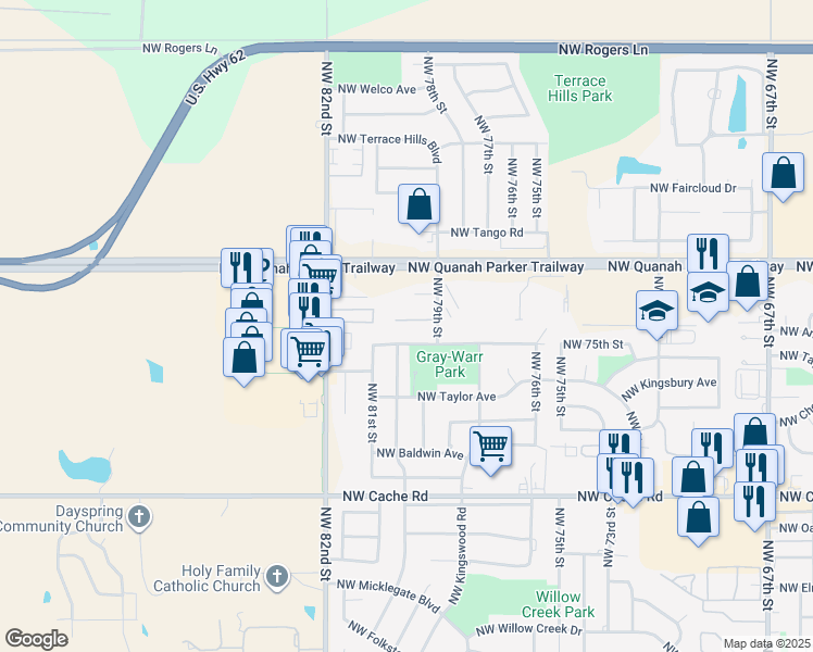 map of restaurants, bars, coffee shops, grocery stores, and more near 7936 Northwest Crossland Circle in Lawton