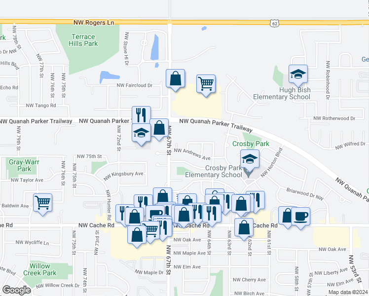 map of restaurants, bars, coffee shops, grocery stores, and more near 6329 Northwest Irwin Avenue in Lawton