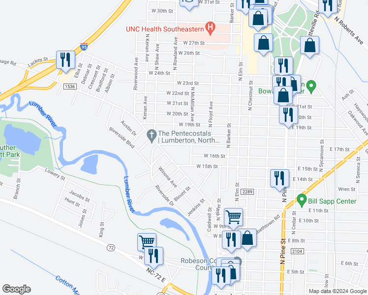 map of restaurants, bars, coffee shops, grocery stores, and more near 407 West 17th Street in Lumberton