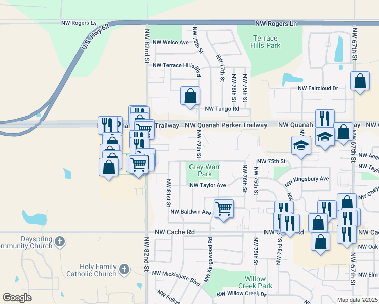 map of restaurants, bars, coffee shops, grocery stores, and more near 7920 Northwest Crossland Circle in Lawton