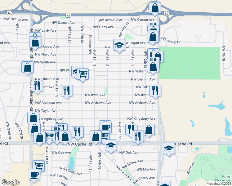 map of restaurants, bars, coffee shops, grocery stores, and more near 1405 Northwest Irwin Avenue in Lawton